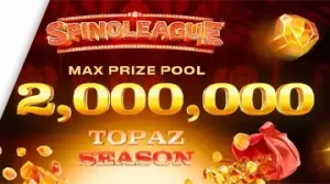 Изображение, рекламирующее турнир Spinoleague Topaz Season в Кент с призовым фондом в 2 миллиона евро на фоне огненной сцены.